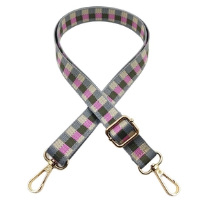 Pink and green checkered jacquard bag strap with adjustable gold lobster clasps