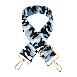 Adjustable camouflage bag strap with blue and black pattern and gold metal buckles