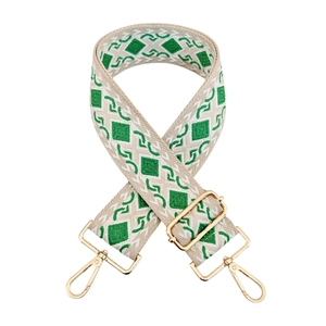 Close-up of geometric diamond woven shoulder strap with gold-plated metal lobster clasps