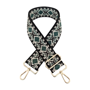 Close-up of geometric diamond weave pattern and golden swivel metal clips on bag strap