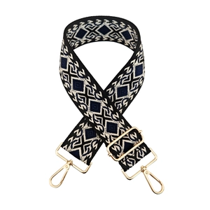 Detail of 5cm ethnic jacquard bag strap with geometric patterns and gold metal hooks