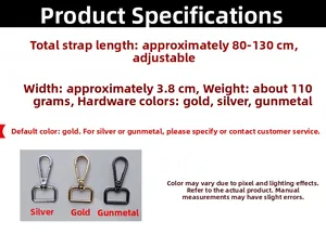Adjustable 3.8cm embroidered strap with specs: 80-130cm length, gold/silver/gun-metal hooks