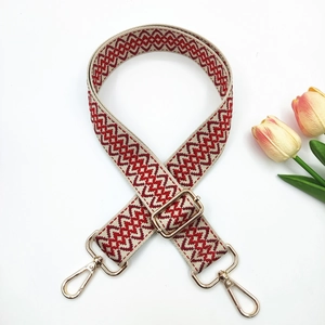 Adjustable 3.8cm ethnic style woven bag strap with red geometric patterns and gold clips