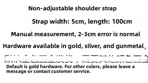 Size chart for 5cm wide non-adjustable strap showing 100cm length and hardware color options