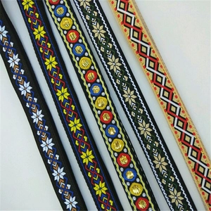 Close-up of five colorful ethnic embroidered bag straps with geometric patterns