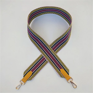 Close-up of ethnic style woven strap with colorful stripes and gold metal clasps