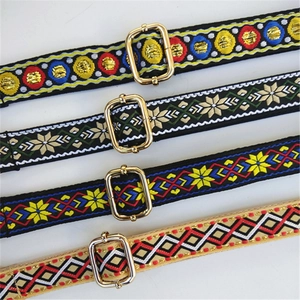 Ethnic style adjustable shoulder strap with colorful patterns and golden metal buckles