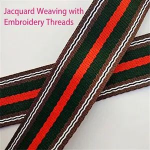 Colorful striped jacquard shoulder strap with green and red web design for handbags