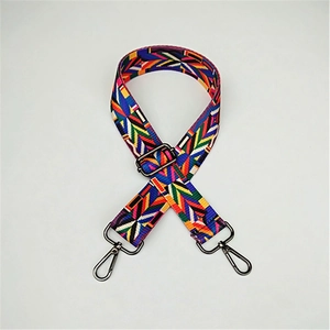 Detail of colorful geometric ethnic style woven strap with adjustable gunmetal buckle
