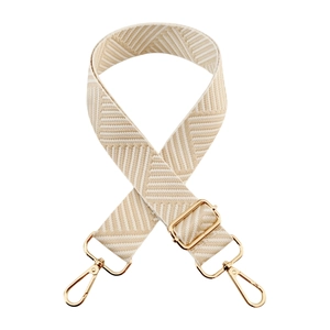 Adjustable beige and white zigzag woven bag strap with glossy gold metal lobster clasps