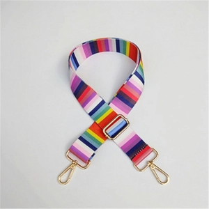 Detail view of rainbow striped shoulder strap with adjustable golden metal buckles and hooks