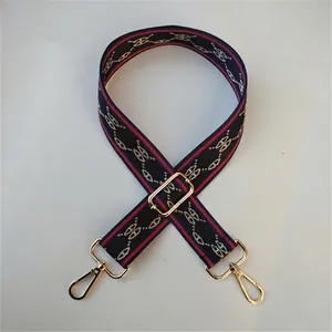 Adjustable wide ethnic style handbag strap with red-blue stripes and gold metal buckles