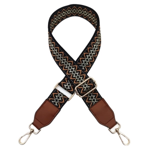 3.8cm adjustable jacquard embroidered bag strap with leather ends and gold metal hooks