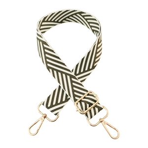 Detail of adjustable olive green herringbone woven strap with light gold metal swivel clasps