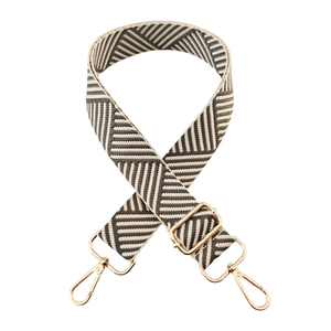Detail of adjustable 3.8cm wide woven bag strap with geometric patterns and gold metal hooks
