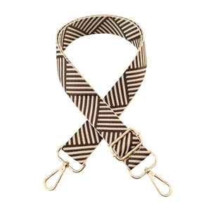 Detail of adjustable 3.8cm wide bag strap with brown herringbone weave and gold metal hooks