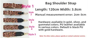 Detail showing adjustable leopard print bag straps with metal hooks and PU leather ends