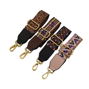 Adjustable Wide Bag Shoulder Strap Replacement Ethnic Geometric Leopard Pattern Polyester Webbing With Leather Ends Metal Hooks