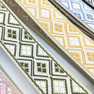 Close-up of jacquard woven geometric straps in green, yellow, blue, and pink patterns