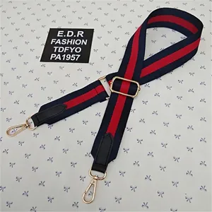 Adjustable red and blue striped nylon handbag replacement strap with gold metal buckles
