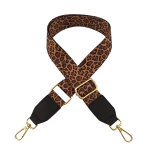 Adjustable leopard print bag strap with golden hardware and leather ends for crossbody bags