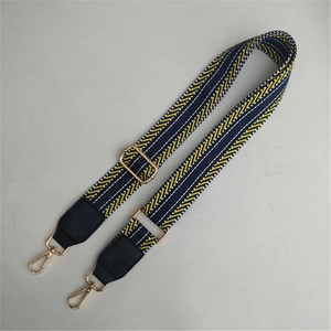 Detail of adjustable wide bag strap with blue, yellow and white geometric patterns