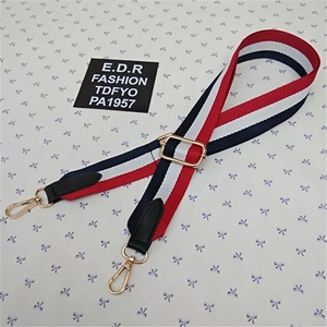 Detail of adjustable red white and blue striped bag strap with gold metal hooks