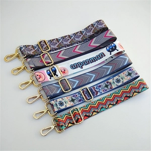 Adjustable wide replacement bag strap with ethnic geometric patterns and gold metal hooks