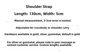 Adjustable wide shoulder strap dimensions detail showing 130cm length and 5cm width specs