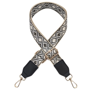 Adjustable 3.8cm wide geometric jacquard bag strap with black leather and gold hardware