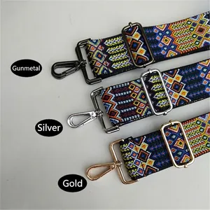 Ethnic style adjustable jacquard bag straps with multi-color geometric patterns and metal hooks