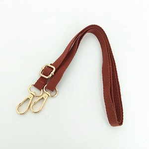 Adjustable caramel cotton webbing shoulder strap with golden metal lobster clasps