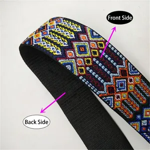 Ethnic wide shoulder bag strap with geometric patterns and non-slip black back view