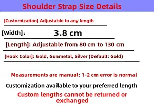 Detailed dimensions of 3.8cm wide woven bag strap with 80-130cm adjustable length