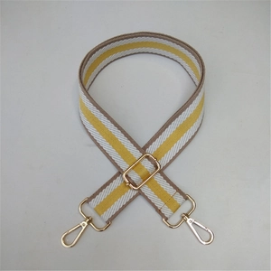 Detail of adjustable colorful striped bag strap with premium gold metal buckles
