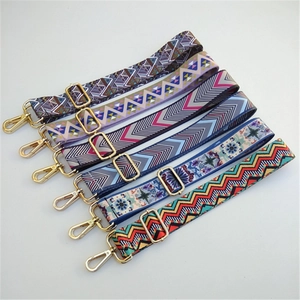 Ethnic wide woven bag strap with colorful patterns and golden metal swivel hooks