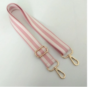 Adjustable pink and white striped nylon shoulder strap with gold metal lobster clasps
