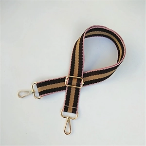 Close-up of adjustable striped strap with high-quality golden metal lobster clasps