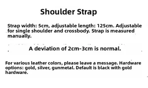 Adjustable 5cm wide shoulder strap specifications with 125cm length and gold hardware detail