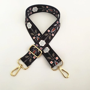 Adjustable ethnic floral embroidery bag strap with gold metal lobster clasps