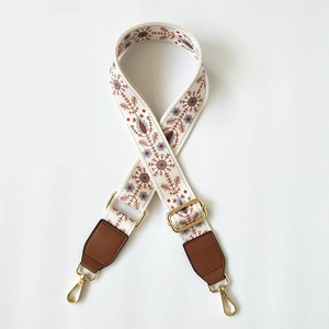 Macro detail of ethnic embroidered bag strap with floral patterns and golden hardware