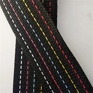 Detailed close-up of heavy-duty black nylon strap with colorful embroidered stitching