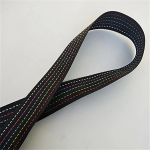 Close-up of woven black shoulder strap with decorative red, yellow, and blue stitching