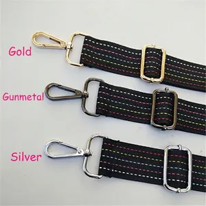Adjustable black woven bag strap with colorful stitching and 3 hardware color options