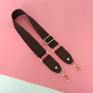 Adjustable nylon shoulder strap with dark brown PU leather ends and gold metal lobster clasps