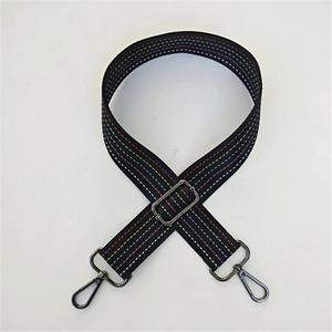 Adjustable black replacement bag strap with woven colorful stitching and metal hooks
