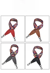 Detail showing four styles of ethnic woven bag straps with leather ends and metal hooks