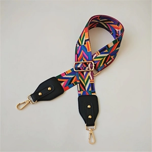 Ethnic bohemian style colorful geometric woven shoulder strap with gold metal hardware