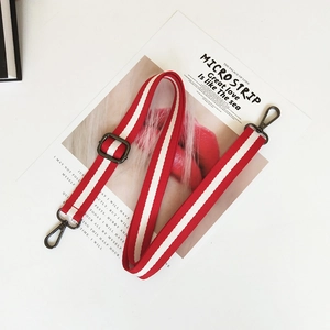Adjustable red and white striped canvas bag strap with durable dark metal lobster clasps