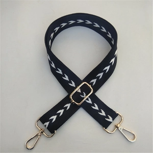 Adjustable wide replacement shoulder strap with white geometric embroidery and gold hardware